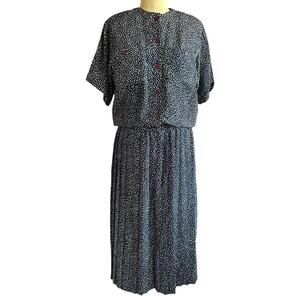 Vintage Dress Womens Size 8 Blue White Pleated Retro Business Casual